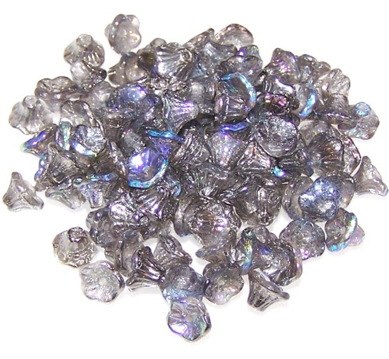 Czech Glass 7x5mm Flower Cup Beads - Crystal Graphite Rainbow