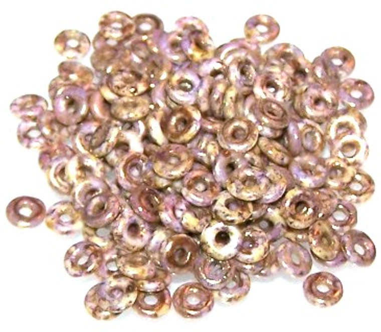 4x1mm Czech Glass O-Beads - Chalk White Lila Gold Luster