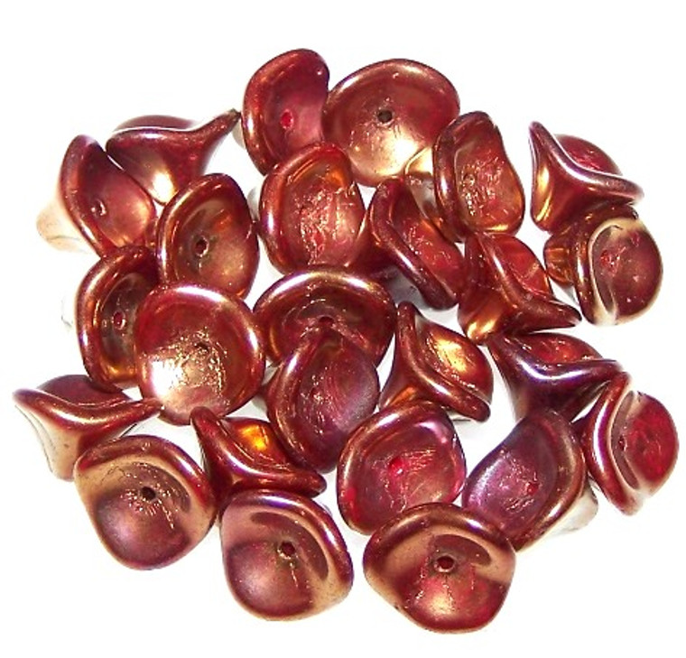 Czech Glass 10x12mm 3-Petal Flower Beads - Bronze Luster Iris Red