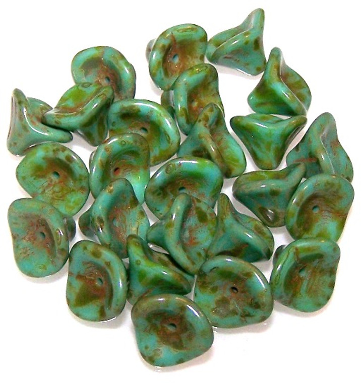 Czech Glass 10x12mm 3-Petal Flower Beads - Opaque Turquoise Picasso