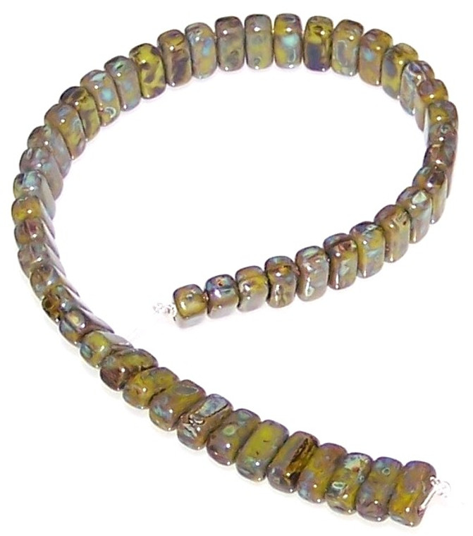 Czech Glass 2-Hole 3x6mm Brick Beads - Opaque Olive Picasso