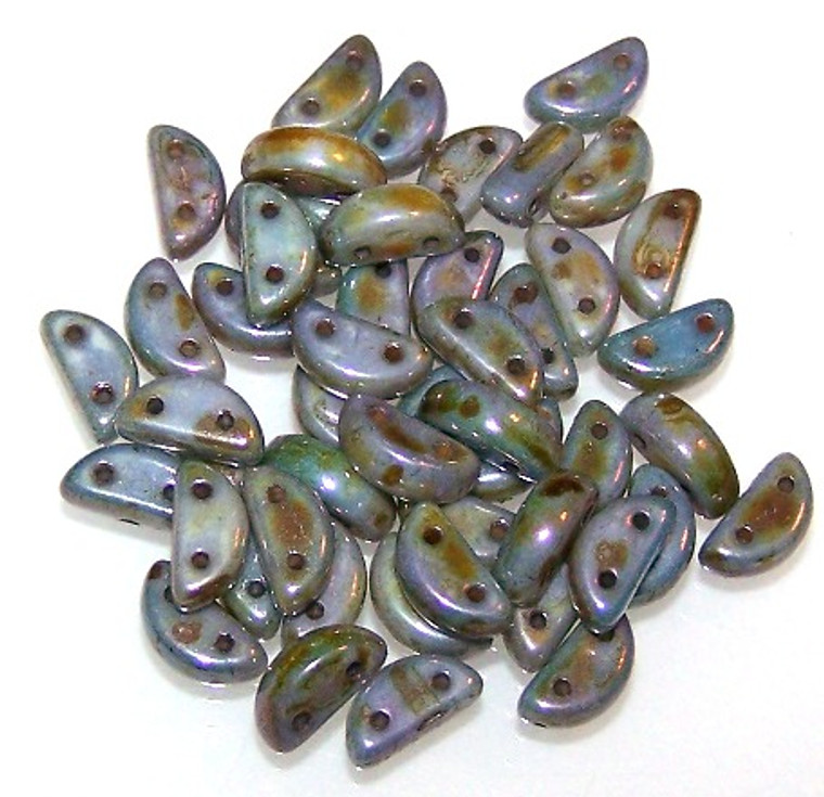 Czech Glass 2-Hole 8x4mm Half Moon Beads - White Travertine Blue