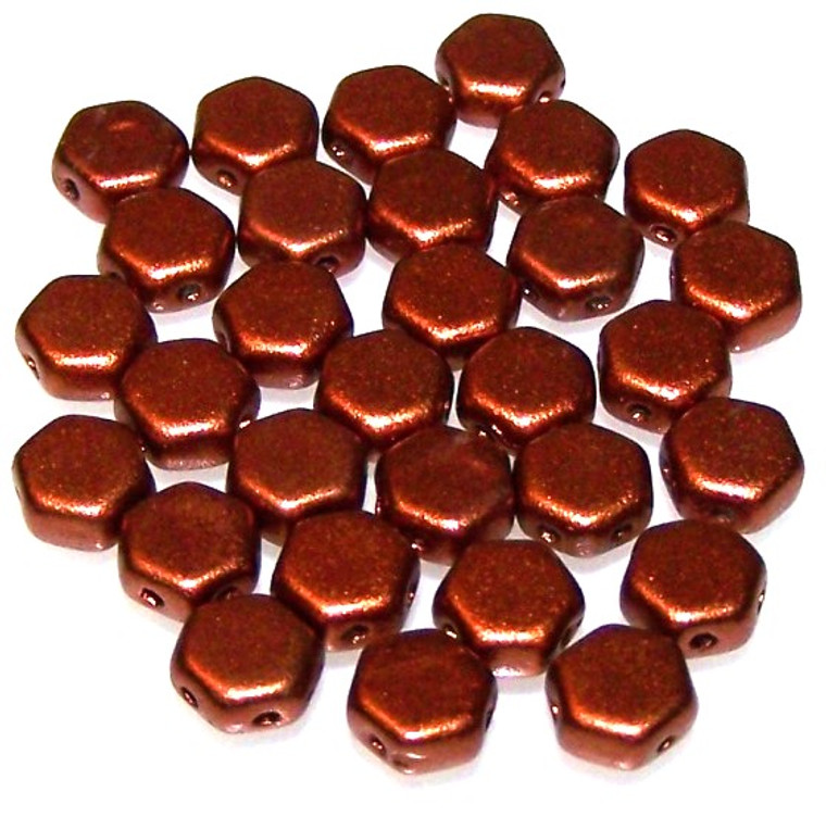Czech Glass 6mm Honeycomb Hex 2-Hole Beads - Crystal Bronze Fire Red