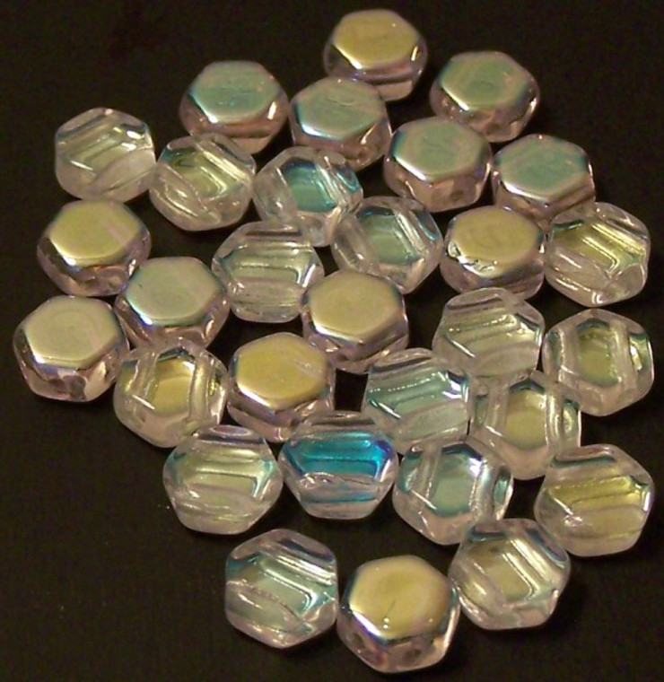 Czech Glass 6mm Honeycomb Hex 2-Hole Beads - Crystal Ab