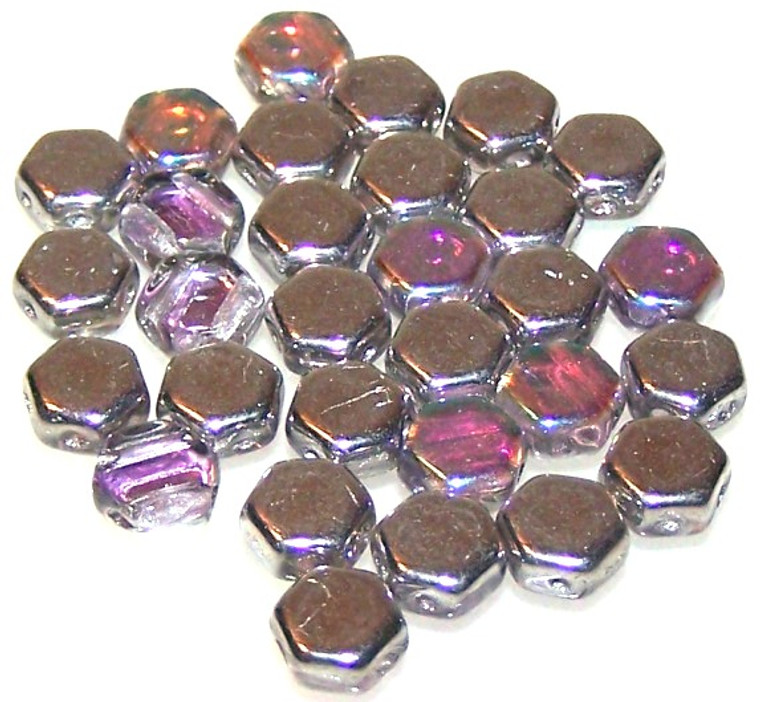 Czech Glass 6mm Honeycomb Hex 2-Hole Beads - Crystal Silver Rainbow