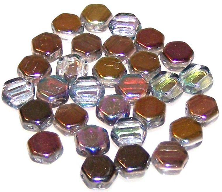 Czech Glass 6mm Honeycomb Hex 2-Hole Beads - Crystal Graphite Rainbow