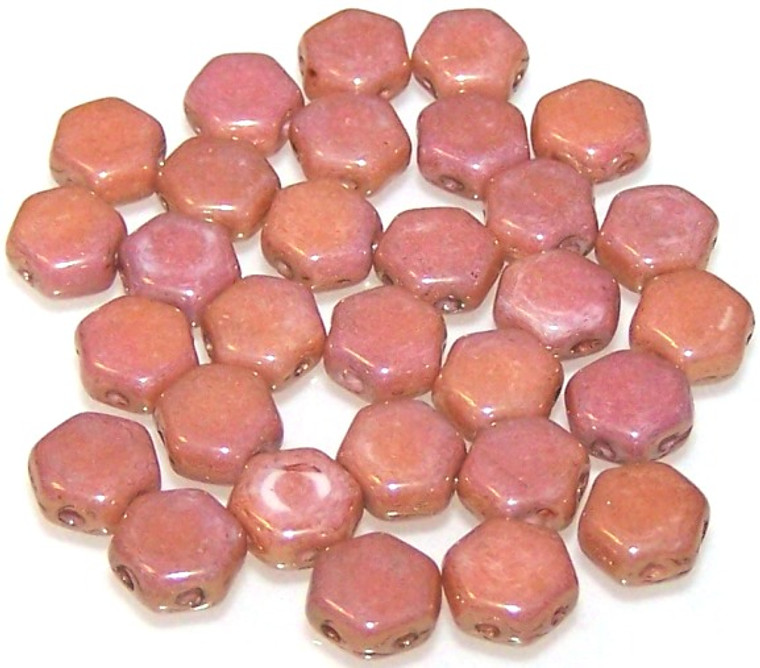 Czech Glass 6mm Honeycomb Hex 2-Hole Beads - Chalk Red Luster