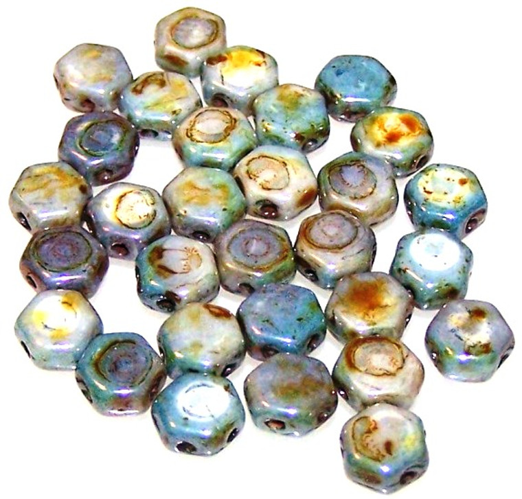 Czech Glass 6mm Honeycomb Hex 2-Hole Beads - Chalk Lazure Blue