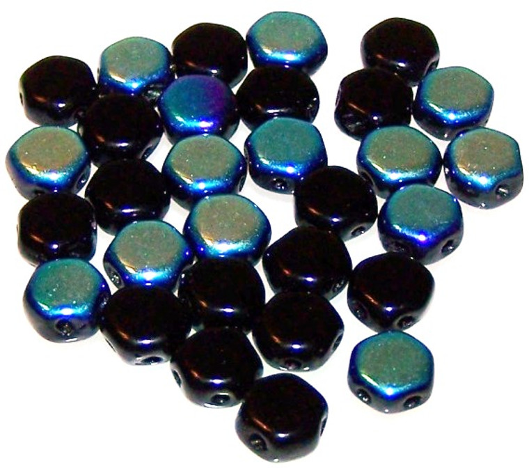 Czech Glass 6mm Honeycomb Hex 2-Hole Beads - Jet Ab