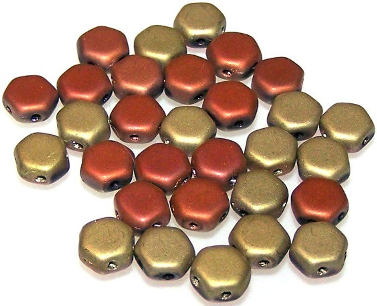 Czech Glass 6mm Honeycomb Hex 2-Hole Beads - Jet Matte California Gold Rush