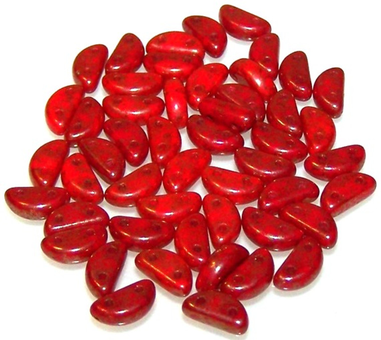 Czech Glass 2-Hole 8x4mm Half Moon Beads - Coral Red Luster