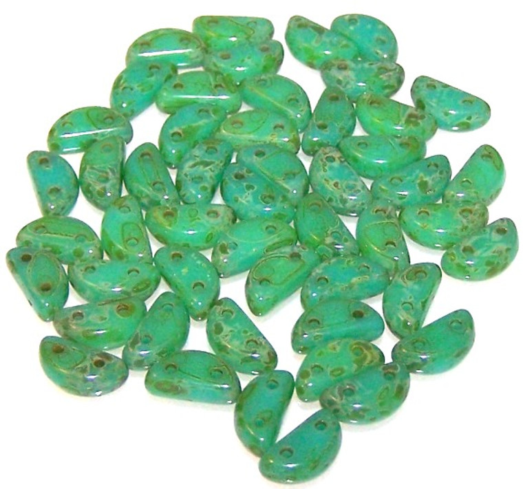 Czech Glass 2-Hole 8x4mm Half Moon Beads - Turquoise Green Dark Travertine