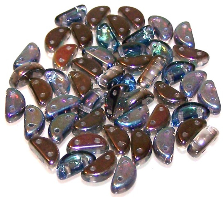 Czech Glass 2-Hole 8x4mm Half Moon Beads - Crystal Graphite Rainbow