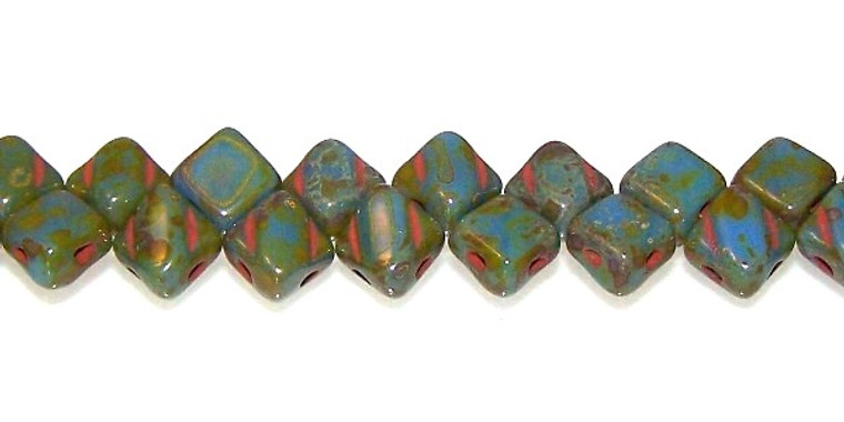 40 Czech Glass Silky 2-Hole 6mm Beads - Blue Opaque Travertine