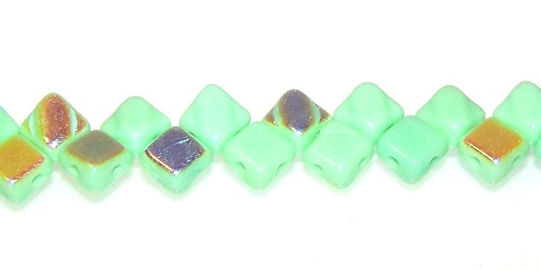 40 Czech Glass Silky 2-Hole 6mm Beads - Green Opaque AB