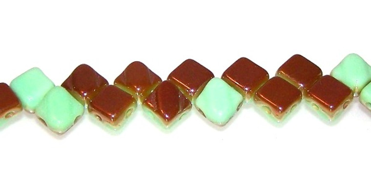 40 Czech Glass Silky 2-Hole 6mm Beads - Green Opaque Apricot Dark