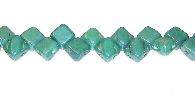 40 Czech Glass Silky 2-Hole 6mm Beads - Green Opaque Blue Luster