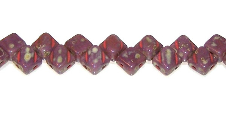 40 Czech Glass Silky 2-Hole 6mm Beads - Opaque Purple Travertine