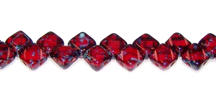 40 Czech Glass Silky 2-Hole 6mm Beads - Ruby Travertine