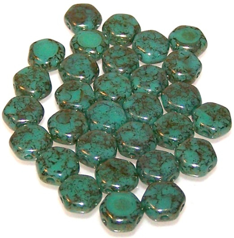 Czech Glass 6mm Honeycomb Hex 2-Hole Beads - Turquoise Green Luster