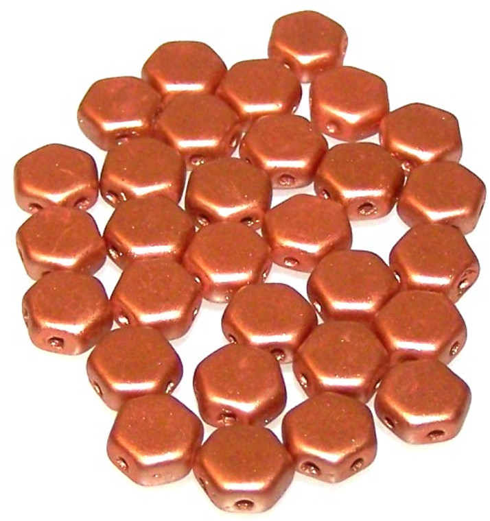 Czech Glass 6mm Honeycomb Hex 2-Hole Beads - Matte Metallic Copper