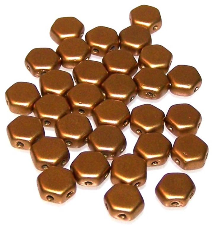 Czech Glass 6mm Honeycomb Hex 2-Hole Beads - Matte Metallic Antique Brass