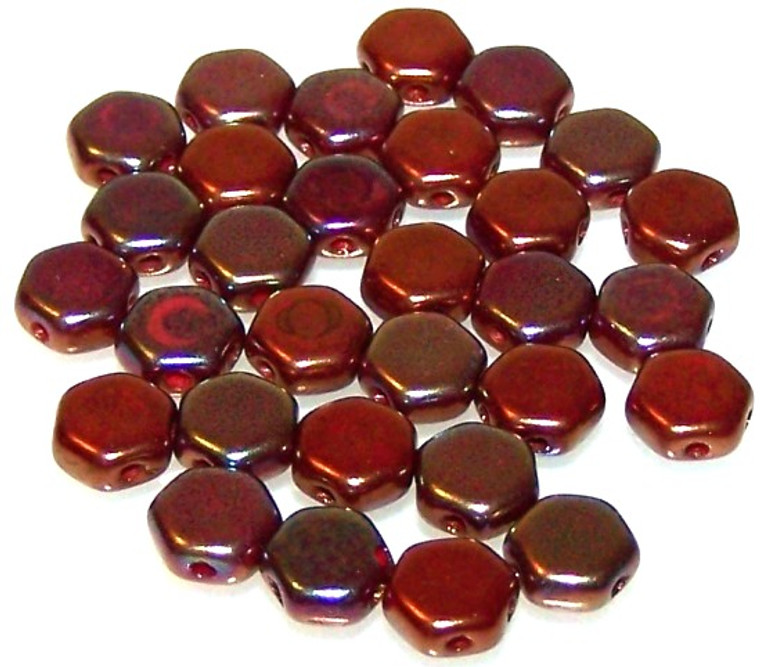 Czech Glass 6mm Honeycomb Hex 2-Hole Beads - Red Iris Luster