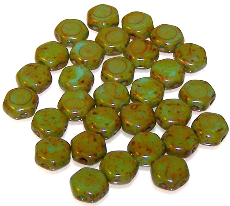 Czech Glass 6mm Honeycomb Hex 2-Hole Beads - Turquoise Blue Dark Travertine