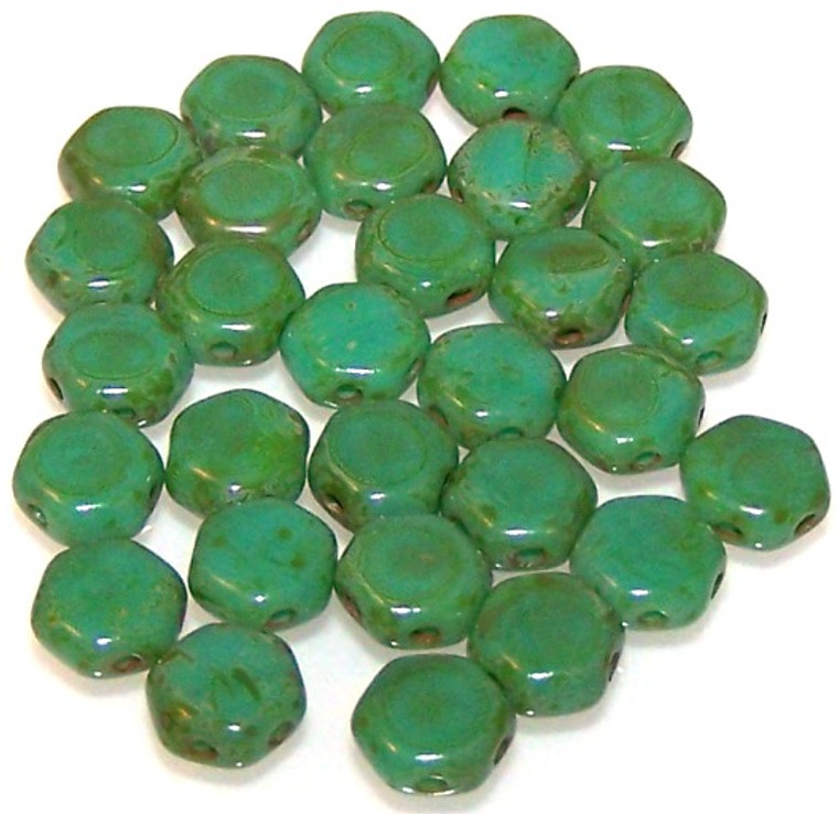 Czech Glass 6mm Honeycomb Hex 2-Hole Beads - Turquoise Green Dark Travertine