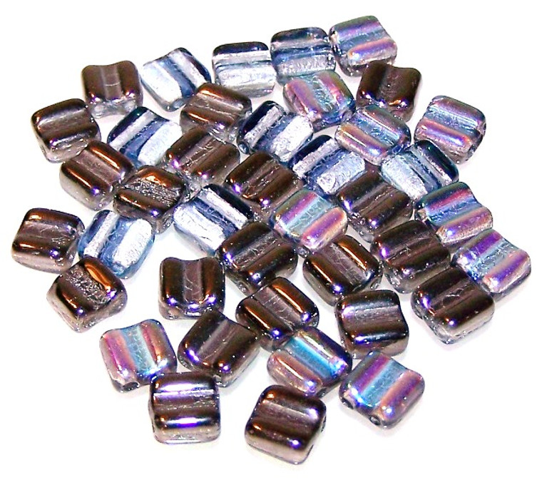 40 Grooved Tile 2-Hole Czech Glass Groovy Beads - Crystal Graphite Rainbow