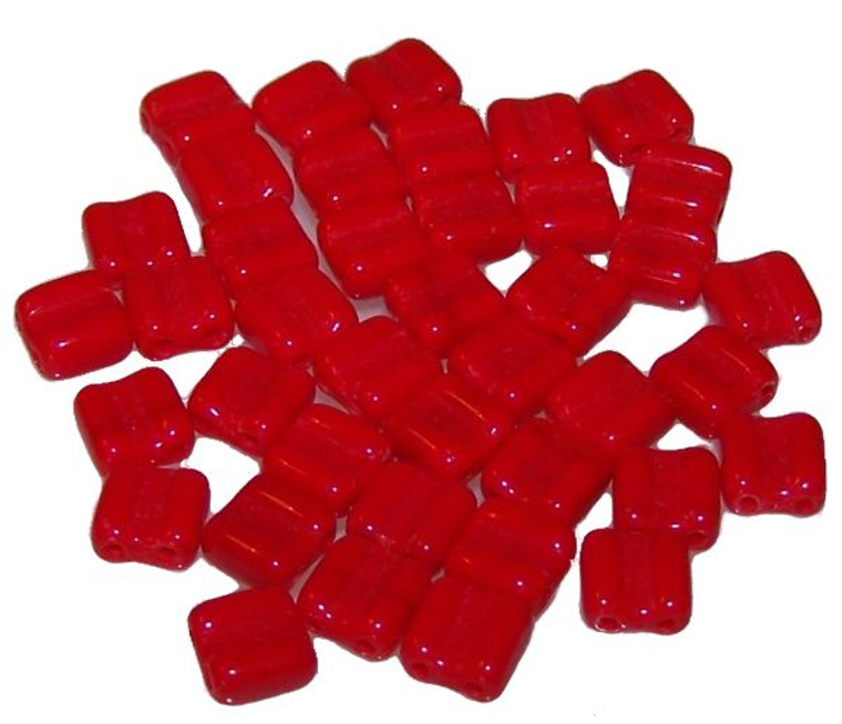 40 Grooved Tile 2-Hole Czech Glass Groovy Beads - Red Opaque