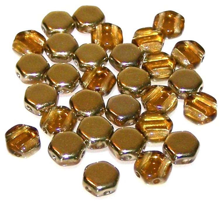 Czech Glass 6mm Honeycomb Hex 2-Hole Beads - Topaz Amber