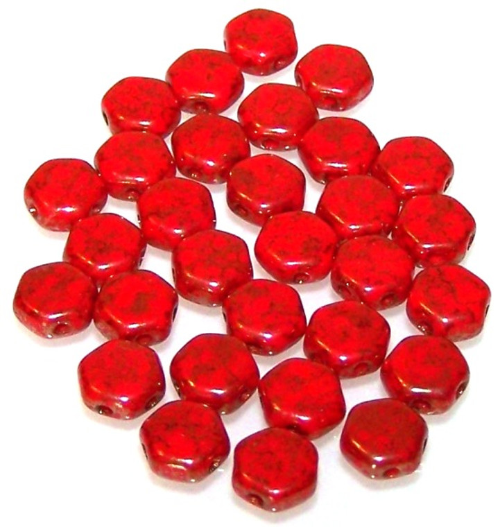 Czech Glass 6mm Honeycomb Hex 2-Hole Beads - Opaque Red Luster