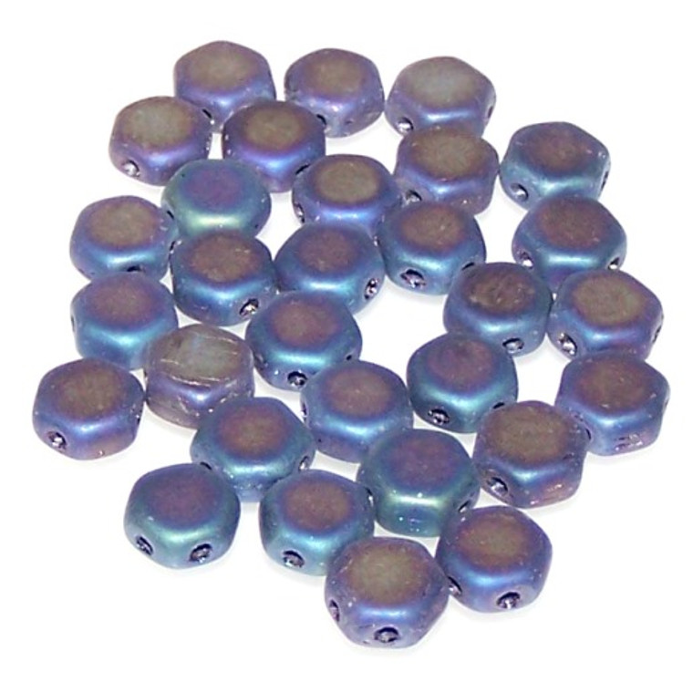 Czech Glass 6mm Honeycomb Hex 2-Hole Beads - Jet Blue Iris