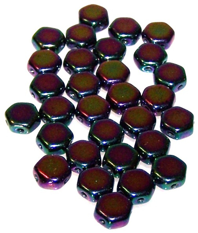 Czech Glass 6mm Honeycomb Hex 2-Hole Beads - Jet Purple Iris