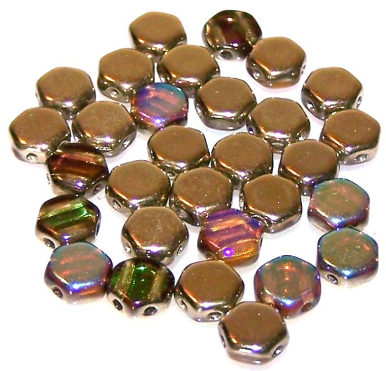 Czech Glass 6mm Honeycomb Hex 2-Hole Beads - Topaz Gold Rainbow