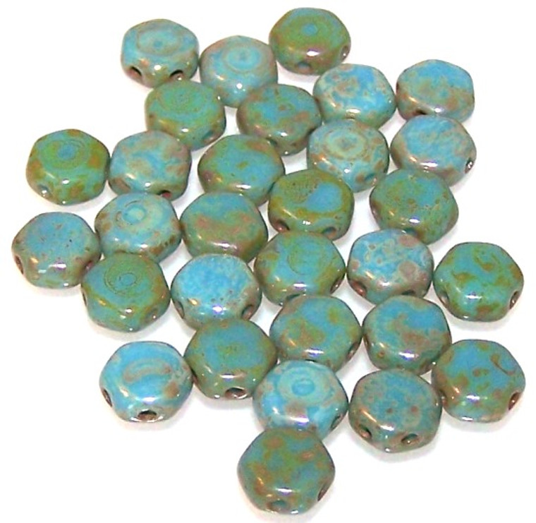 Czech Glass 6mm Honeycomb Hex 2-Hole Beads - Turquoise Blue Picasso