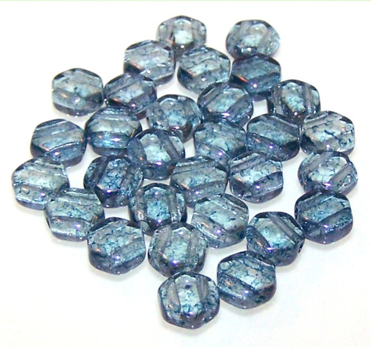 Czech Glass 6mm Honeycomb Hex 2-Hole Beads - Crystal Blue Luster