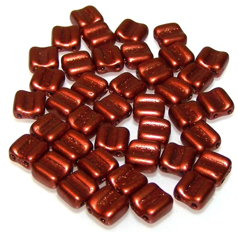 40 Grooved Tile 2-Hole Czech Glass Groovy Beads - Bronze Fire Red