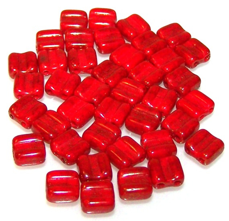 40 Grooved Tile 2-Hole Czech Glass Groovy Beads - Red Luster