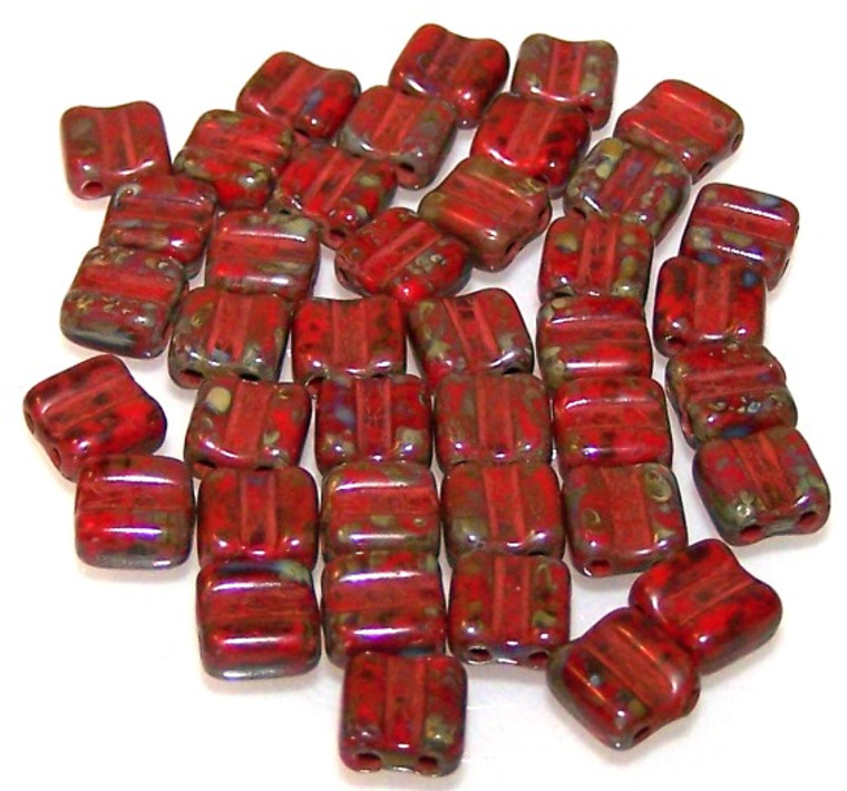 40 Grooved Tile 2-Hole Czech Glass Groovy Beads - Red Dark Travertine