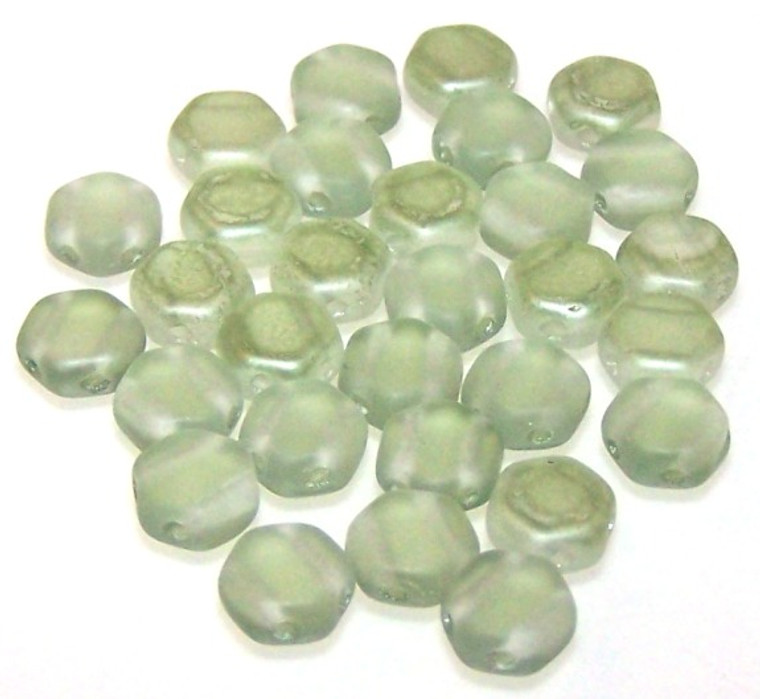 Czech Glass 6mm Honeycomb Hex 2-Hole Beads - Crystal Matte Light Green Luster