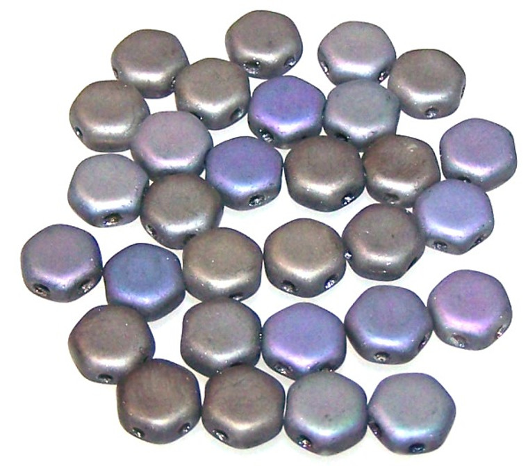 Czech Glass 6mm Honeycomb Hex 2-Hole Beads - Glittery Matte Graphite