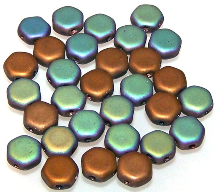 Czech Glass 6mm Honeycomb Hex 2-Hole Beads - Glittery Matte Bronze