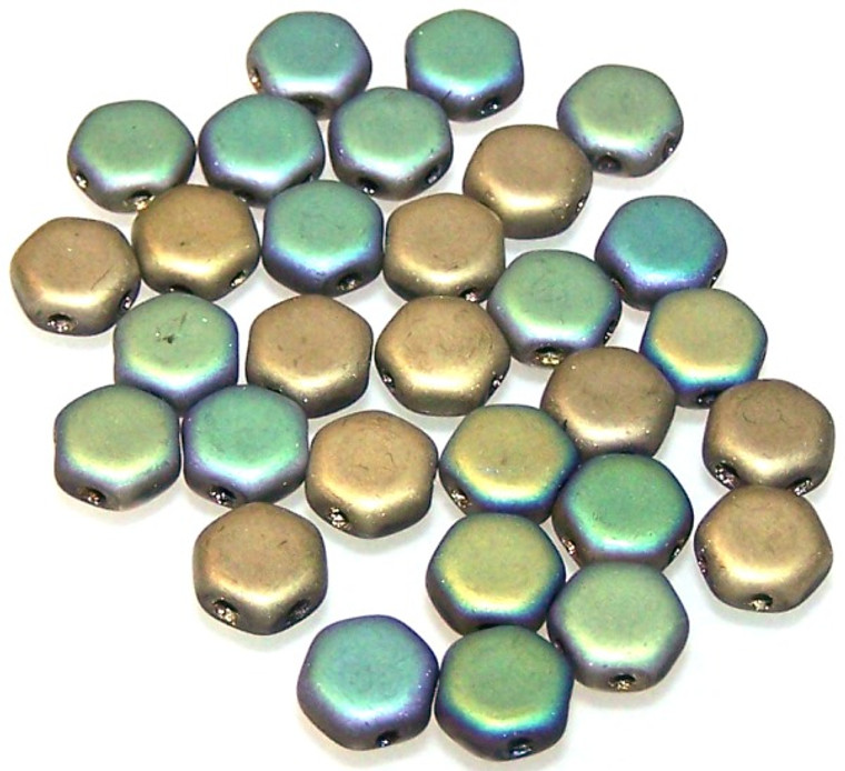 Czech Glass 6mm Honeycomb Hex 2-Hole Beads - Glittery Matte Amber