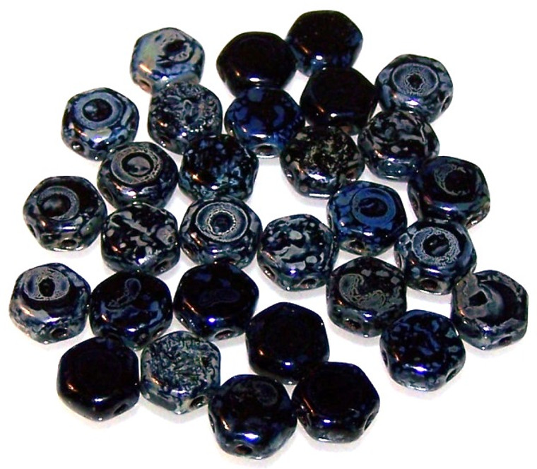 Czech Glass 6mm Honeycomb Hex 2-Hole Beads - Jet Picasso