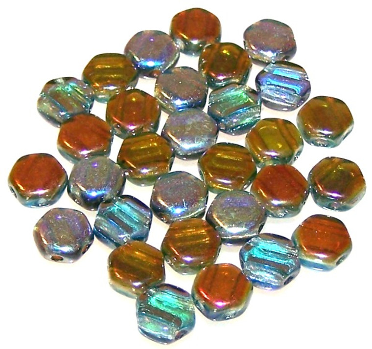 Czech Glass 6mm Honeycomb Hex 2-Hole Beads - Aqua Orange Rainbow