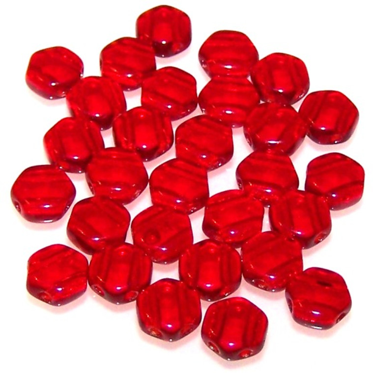 Czech Glass 6mm Honeycomb Hex 2-Hole Beads - Ruby