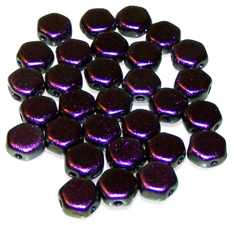 Czech Glass 6mm Honeycomb Hex 2-Hole Beads - Motley Black Raspberry