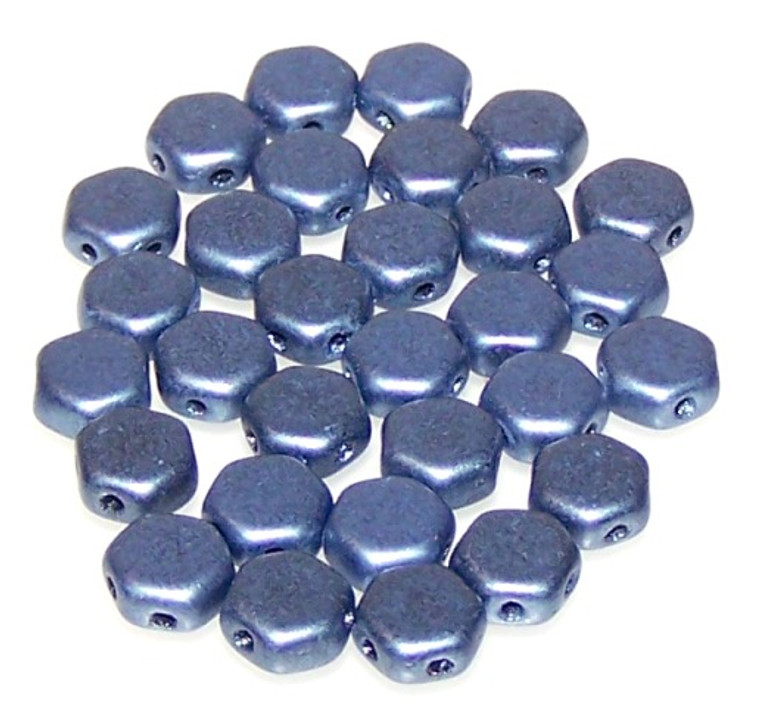 Czech Glass 6mm Honeycomb Hex 2-Hole Beads - Jet Metallic Suede Blue